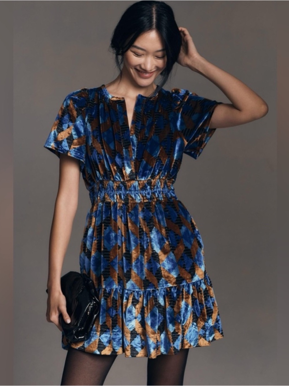 Anthropologie The Somerset Velvet Mini Dress in Blue Motif Size Large whimsical